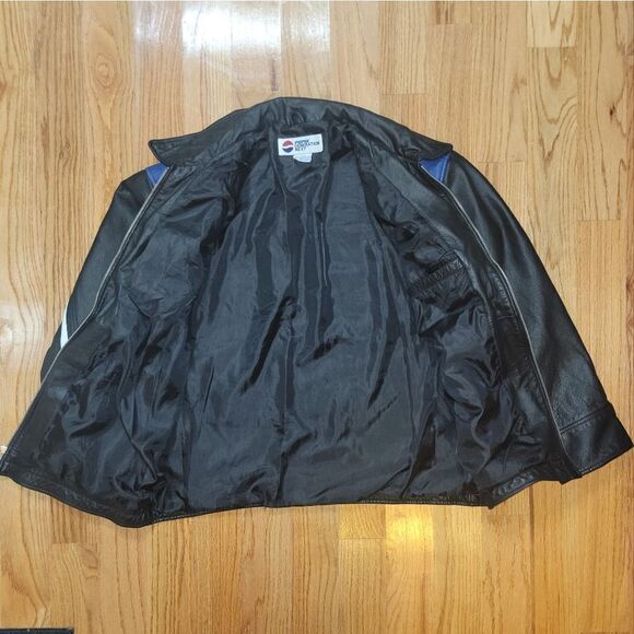 Vintage 90s y2k Pepsi Points Black Leather Bomber Jacket Car Moto Grunge Coat XL - Picture 7 of 9